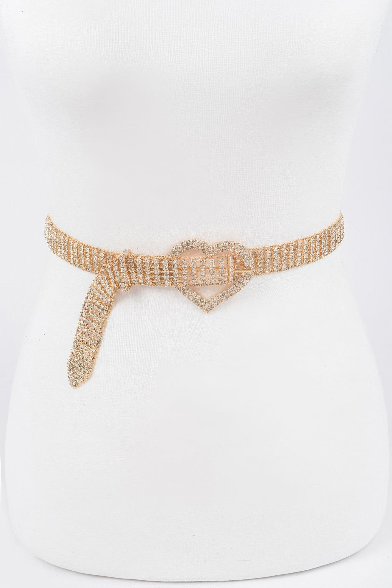 Gold rhinestone heart buckle belt on mannequin, one size