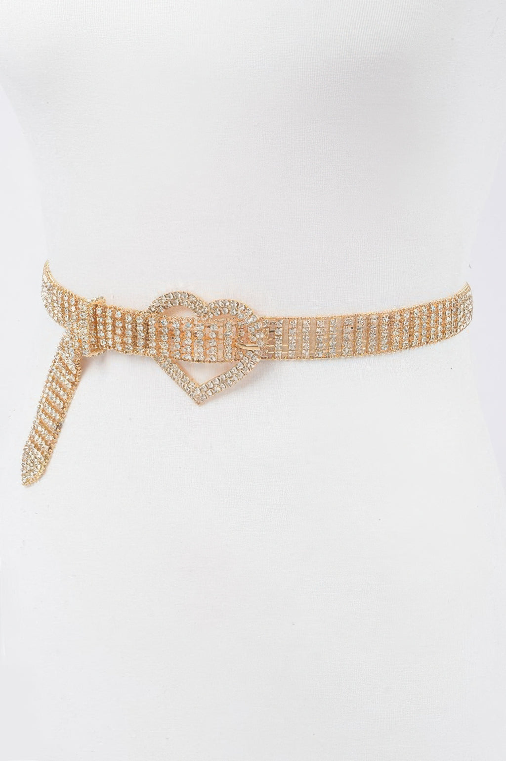 Gold rhinestone belt with heart buckle and dangling tail, one size