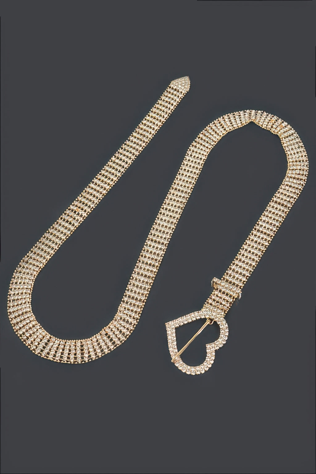 Gold rhinestone belt clasp with heart detail and hanging tail