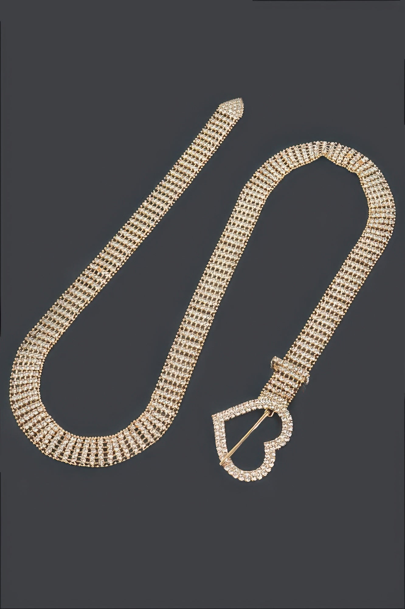 Gold rhinestone belt clasp with heart detail and hanging tail