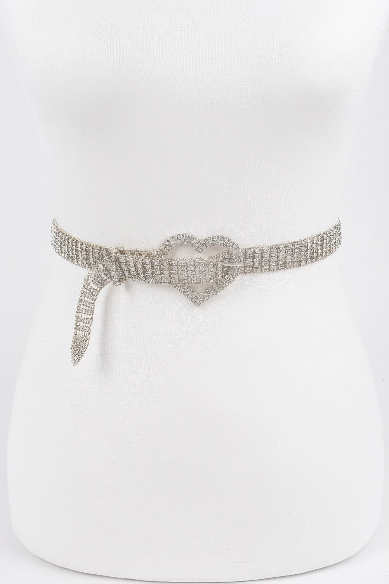 Silver rhinestone heart buckle belt on mannequin, one size