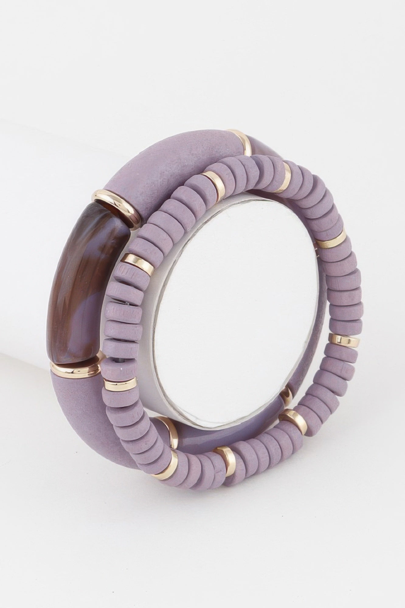 Double layered bead bracelet in lavender with gold-tone hinge accents