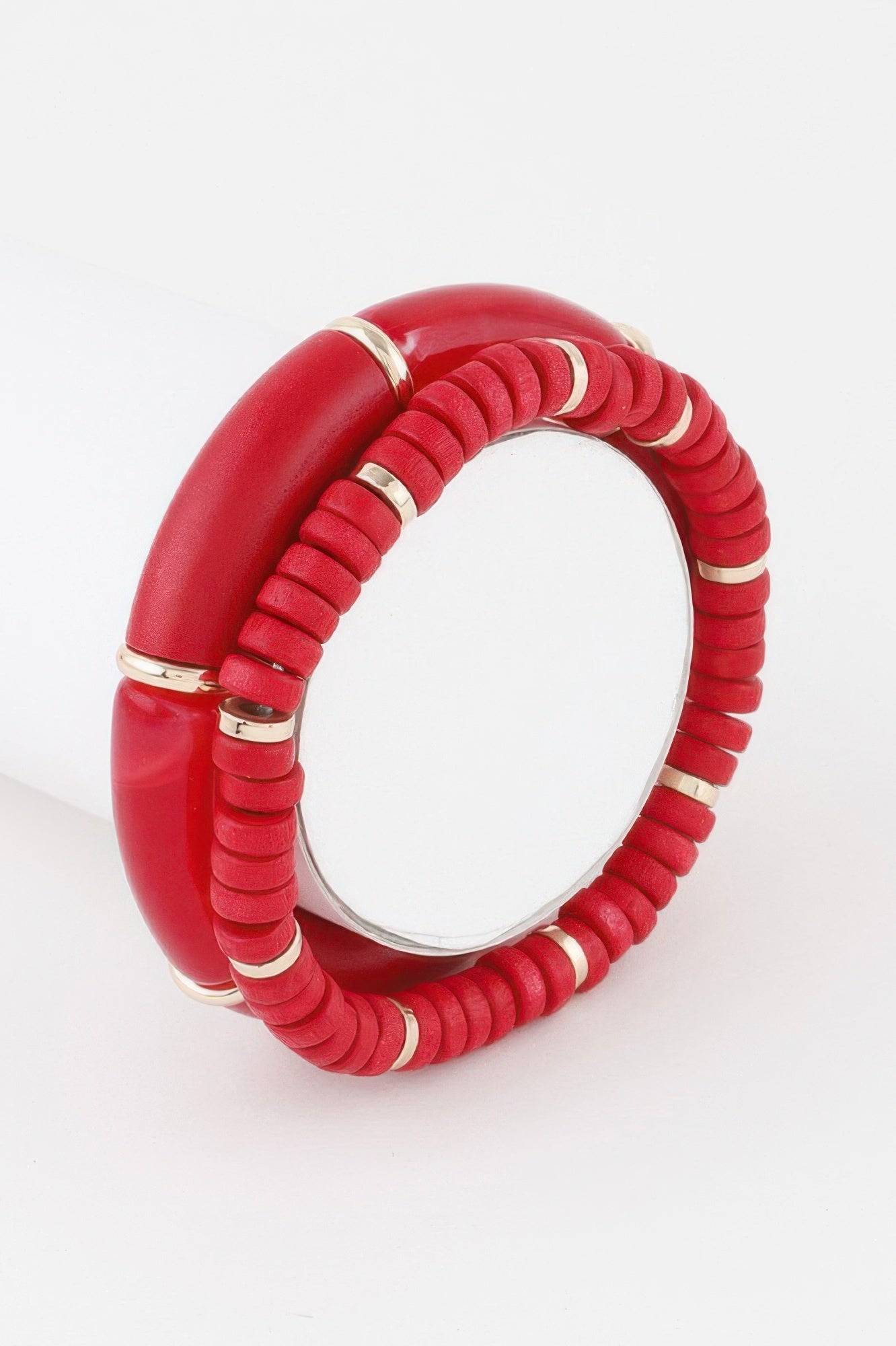 Double layered bead bracelet in red with gold-tone hinge accents