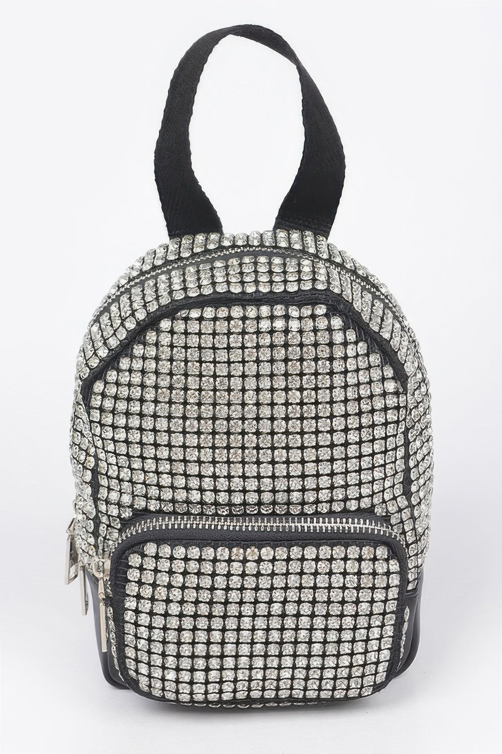 Rhinestone crossbody bag, black with clear grid-stone design and front zip pocket