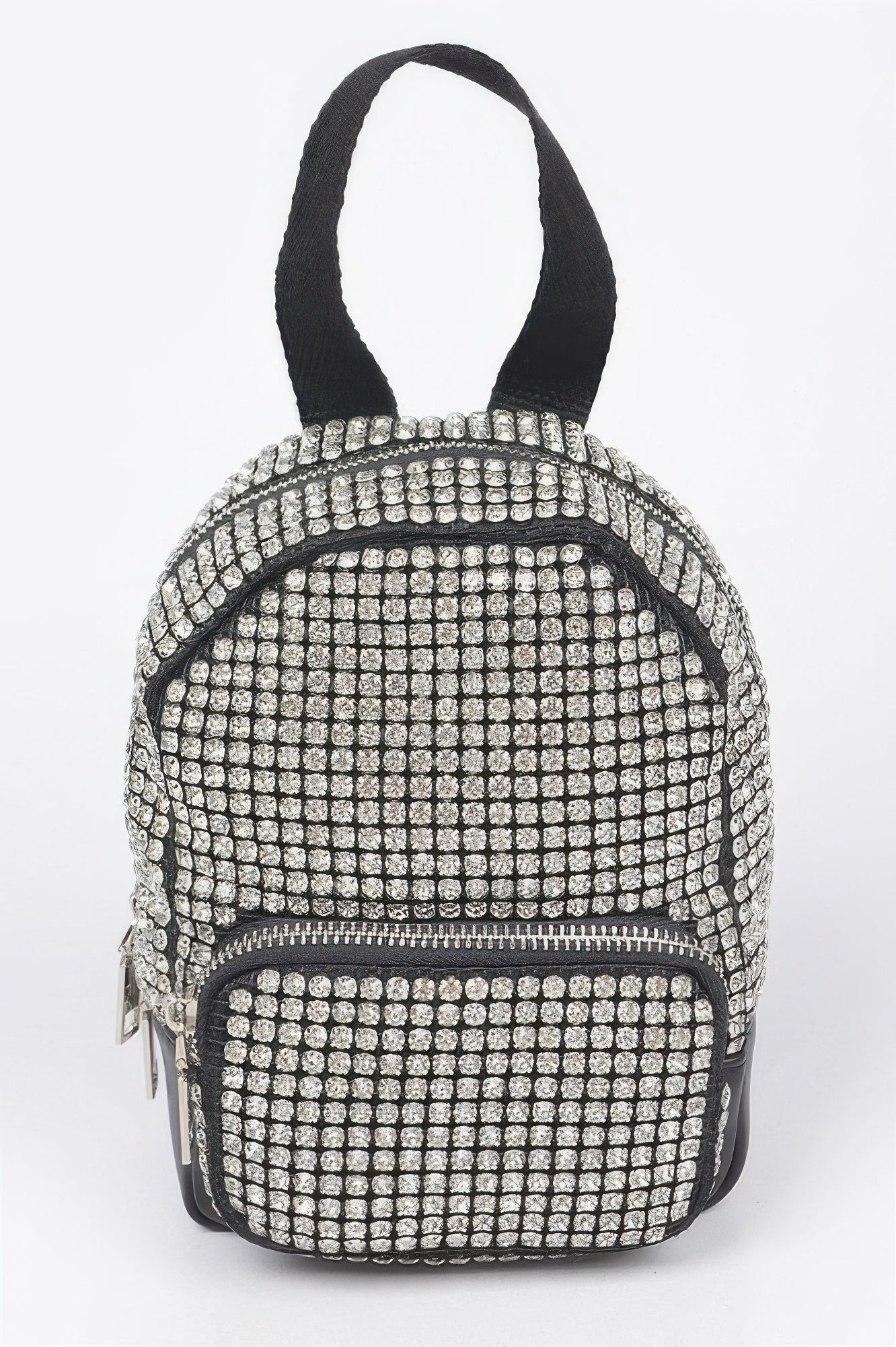 Rhinestone crossbody bag, black with clear grid-stone design and front zip pocket