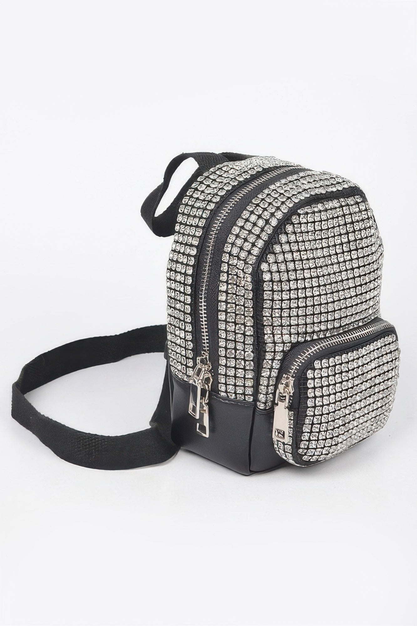 Rhinestone crossbody bag with adjustable black strap and silver-toned rhinestone trim