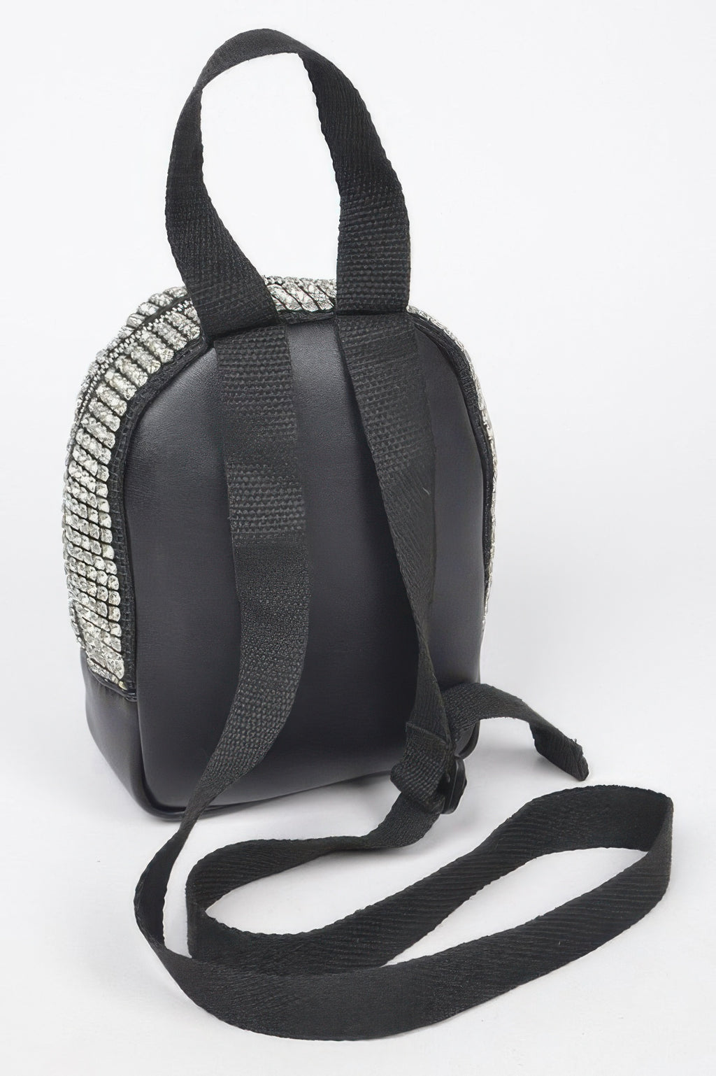 Black faux-leather crossbody bag with rhinestone edges and adjustable shoulder strap