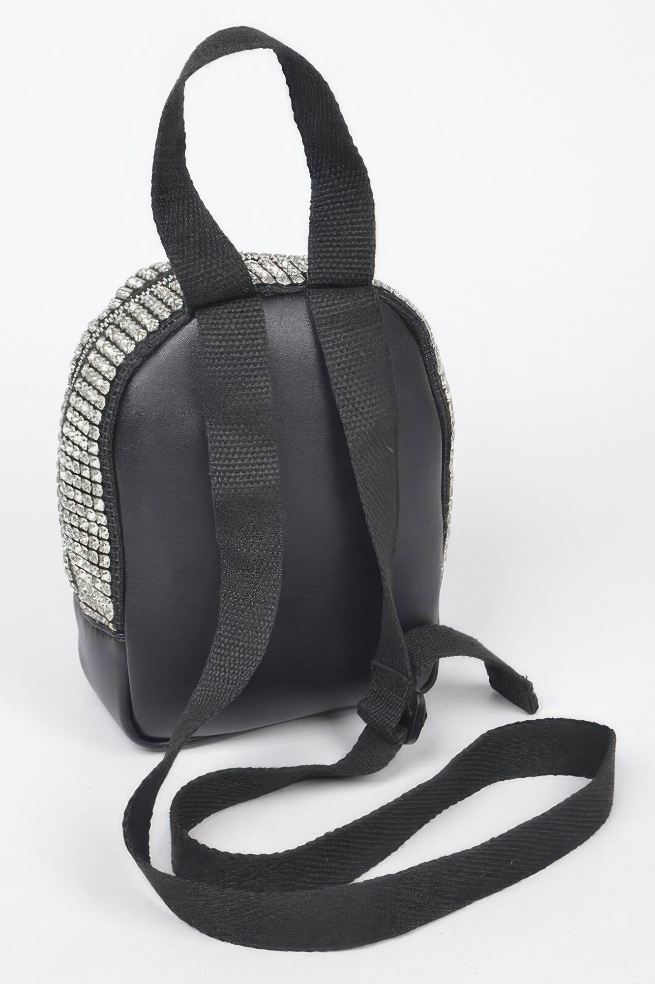 Black faux-leather crossbody bag with rhinestone edges and adjustable shoulder strap
