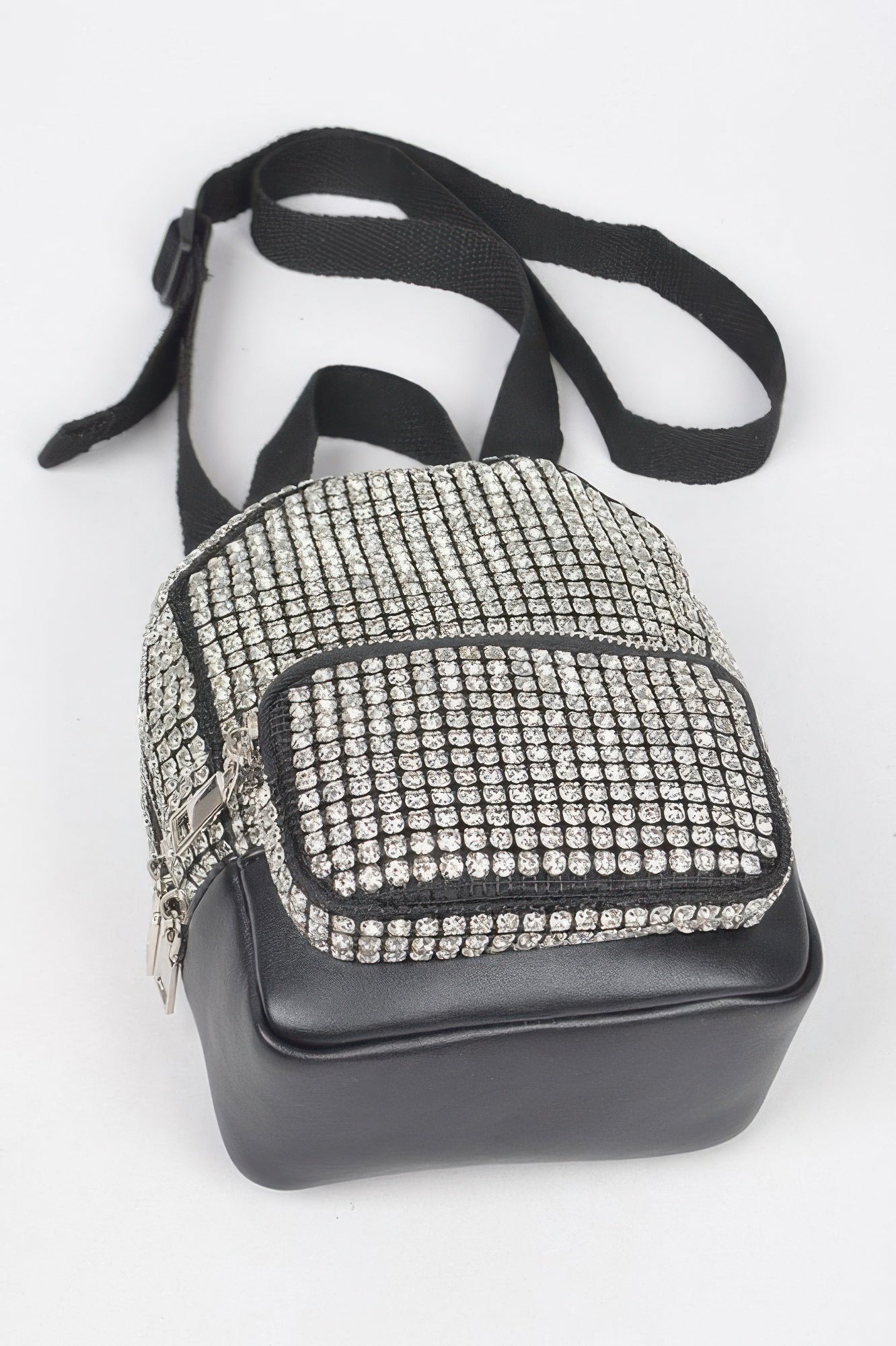 Rhinestone crossbody bag with top handle and front flap pocket, black and clear stones