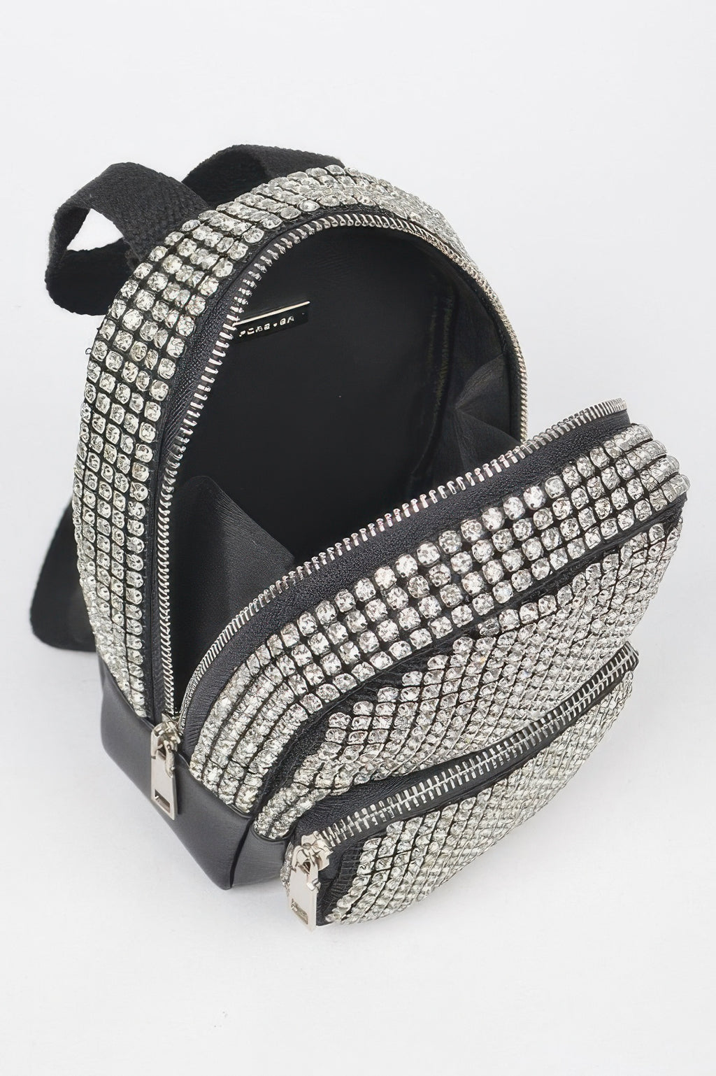 Rhinestone crossbody bag interior zip view, black base with sparkling clear-stone front