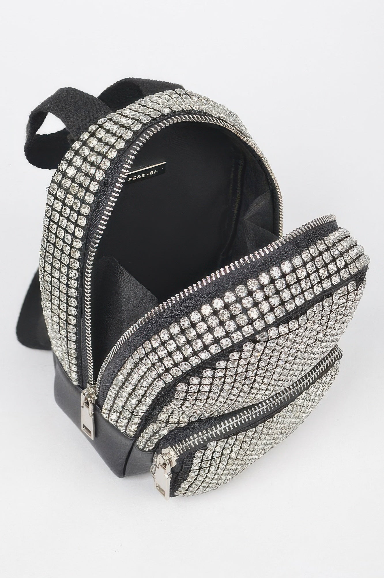 Rhinestone crossbody bag interior zip view, black base with sparkling clear-stone front