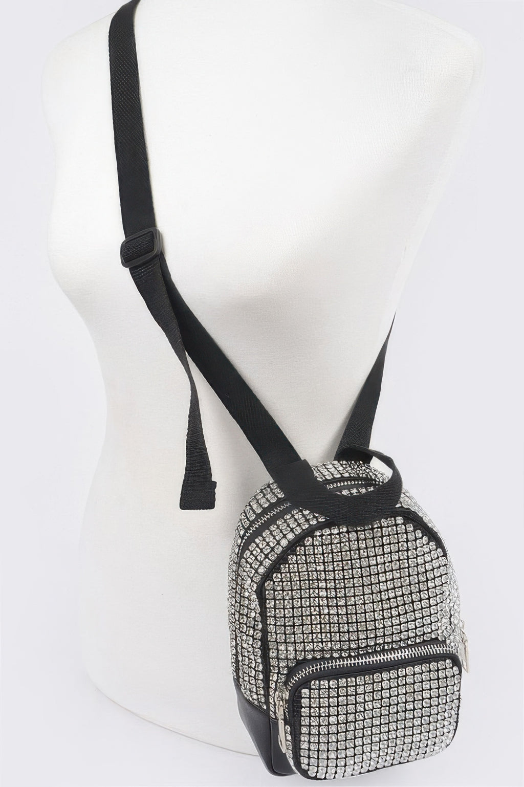 Rhinestone mini crossbody bag on long adjustable strap, black with clear square-stone pattern
