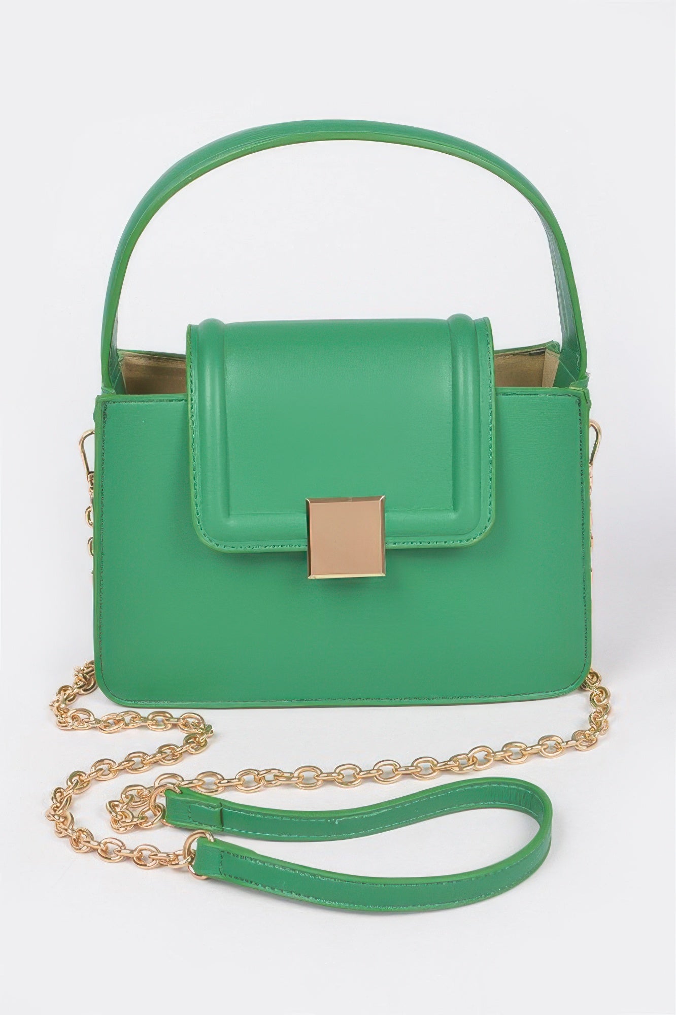 Faux leather crossbody bag in green with top handle, gold-tone chain, and front flap clasp