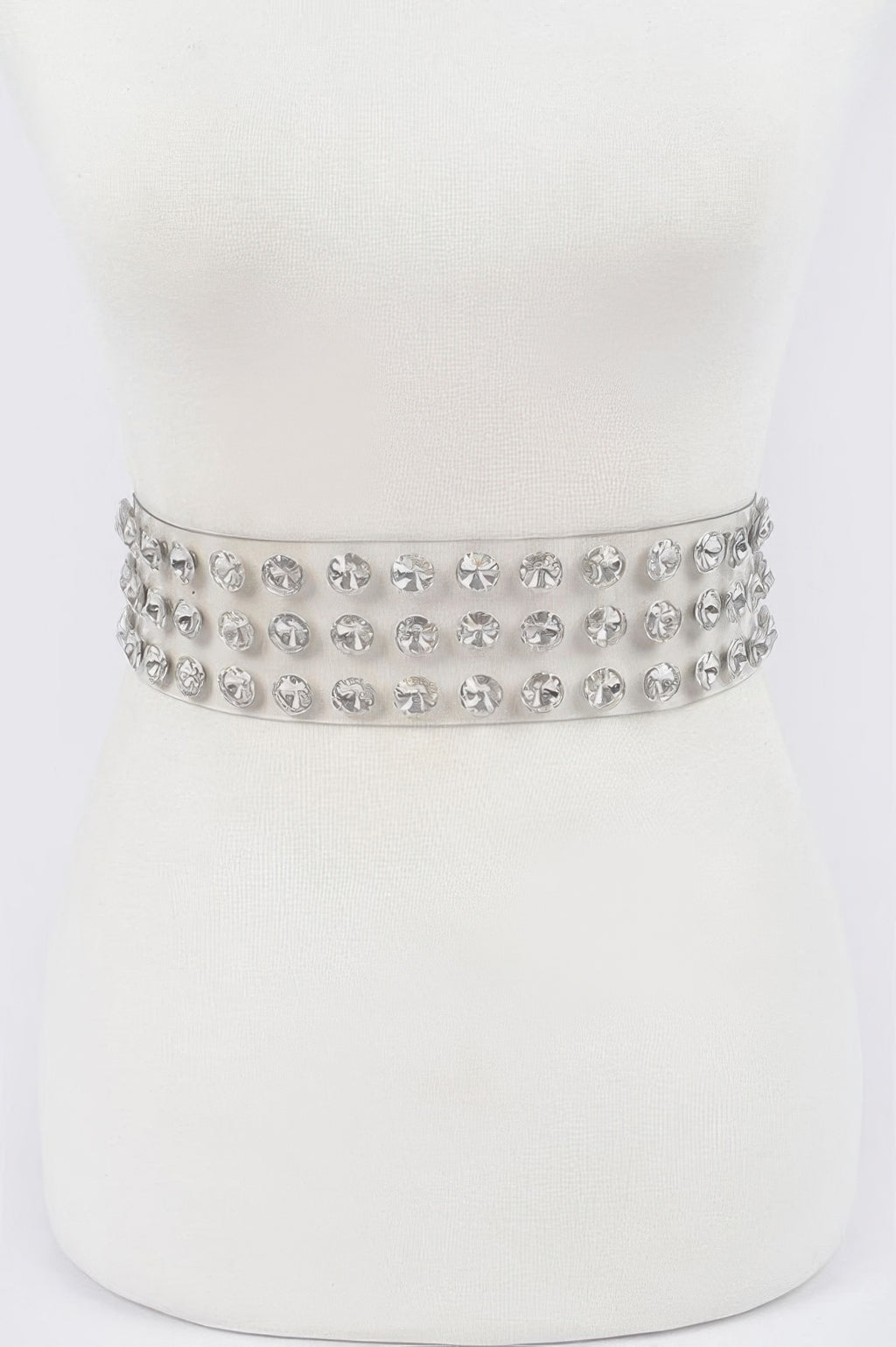 Clear waist belt with rows of large round rhinestones, silver-toned setting