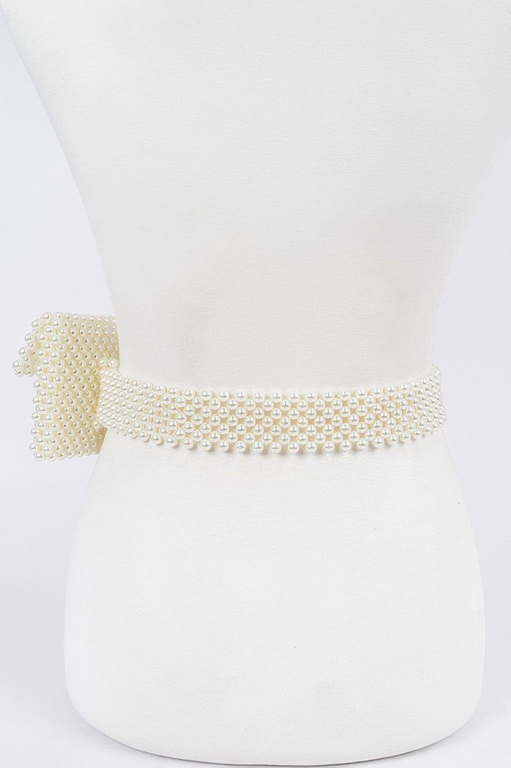 Ivory faux pearl belt bag, wide beaded band with dangling drop and end piece