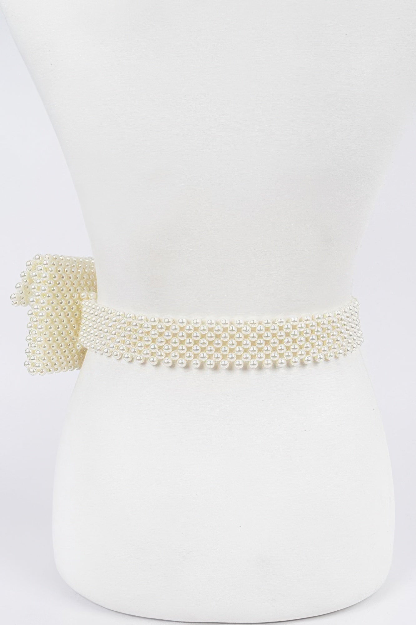 Ivory faux pearl belt bag, wide beaded band with dangling drop and end piece
