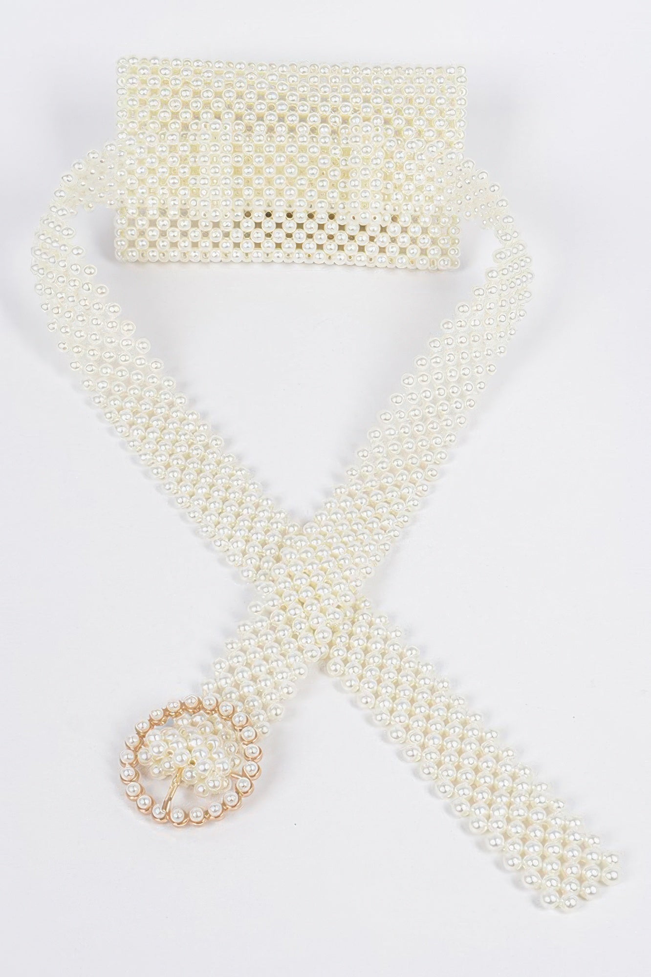 Ivory faux pearl belt bag, wide beaded band with heart clasp and long tail