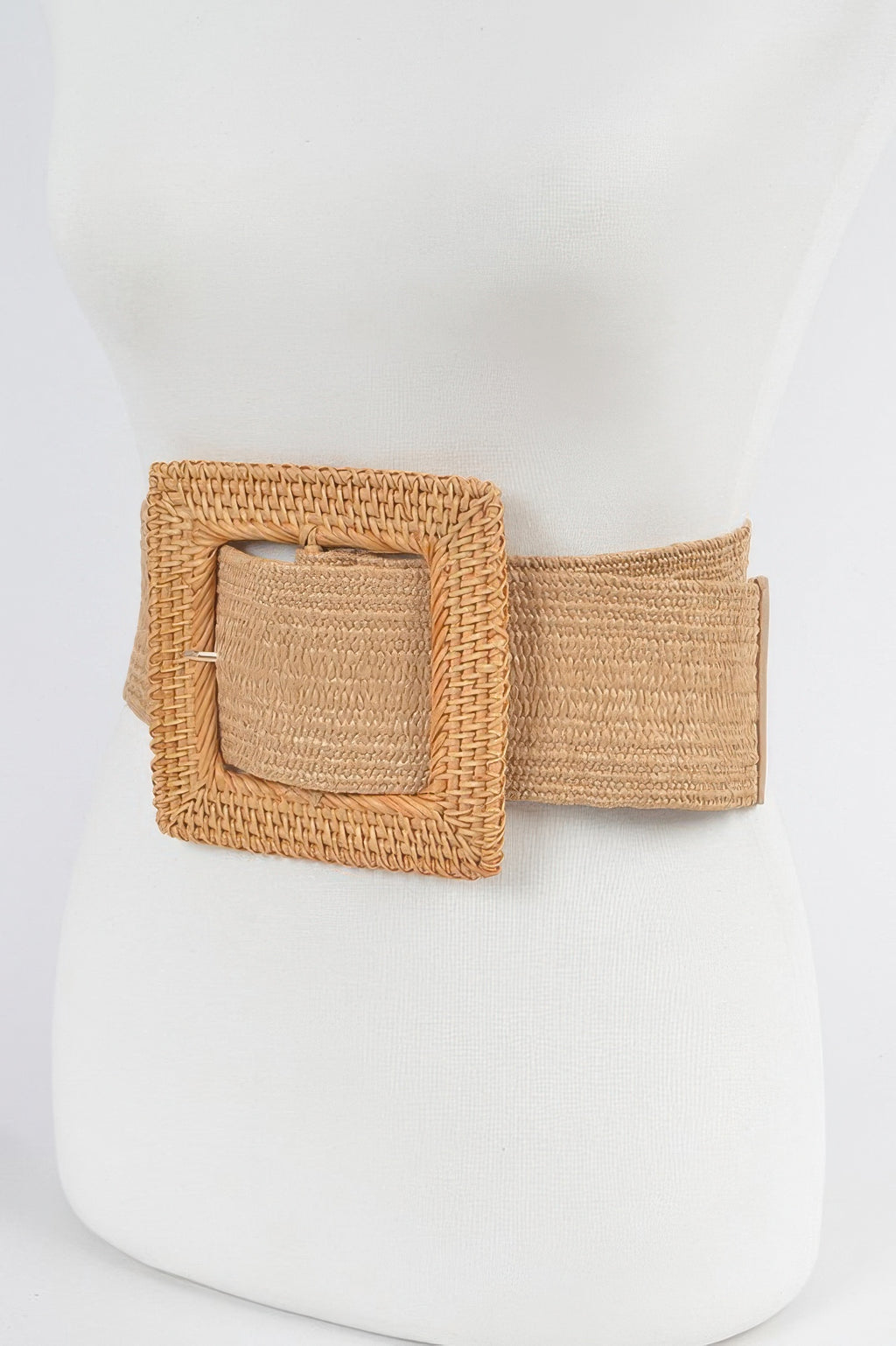 Oversized bamboo buckle belt with elastic back strap, beige woven square buckle