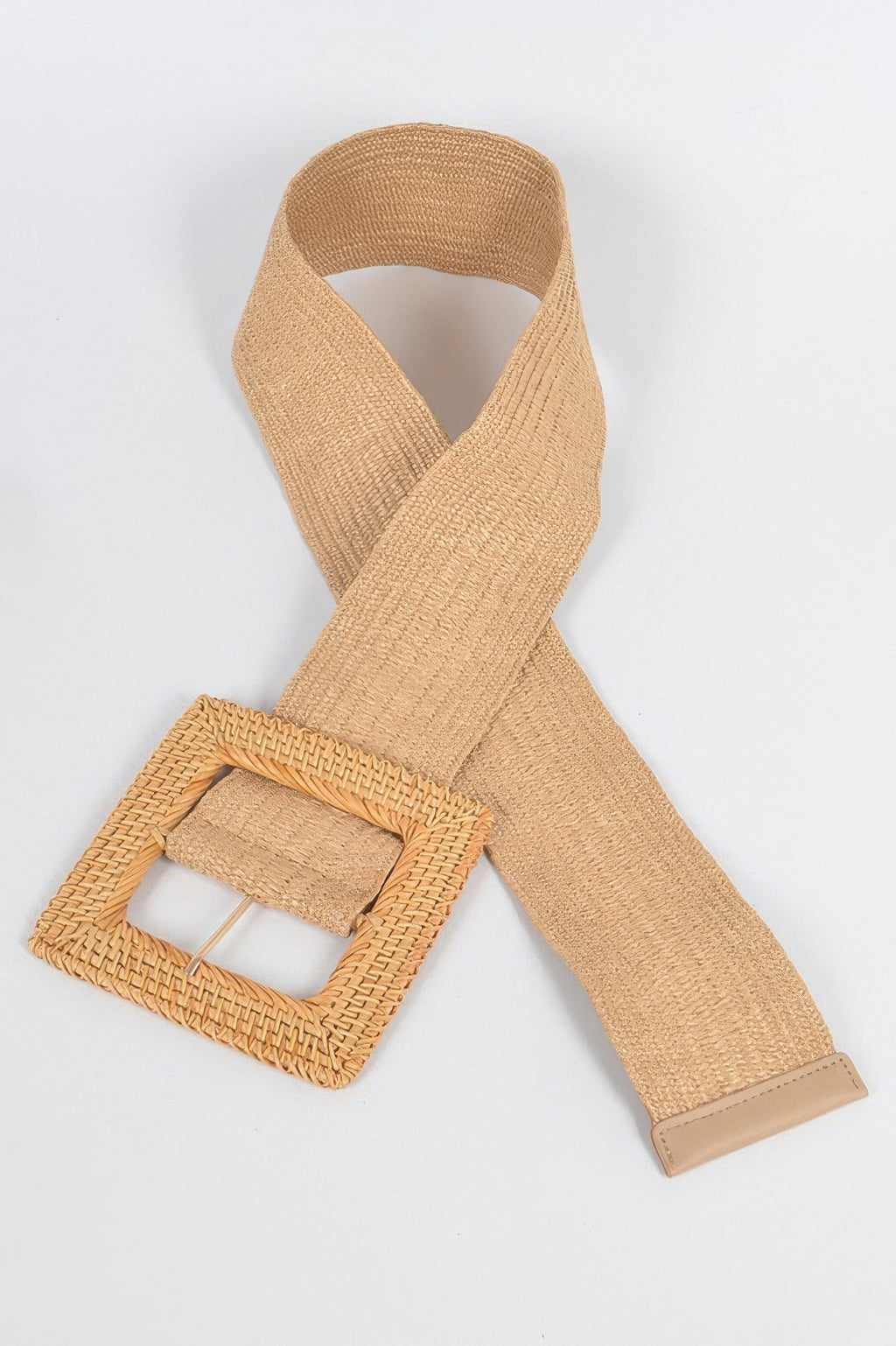 Beige elastic waist belt with oversized square woven bamboo buckle and clasp