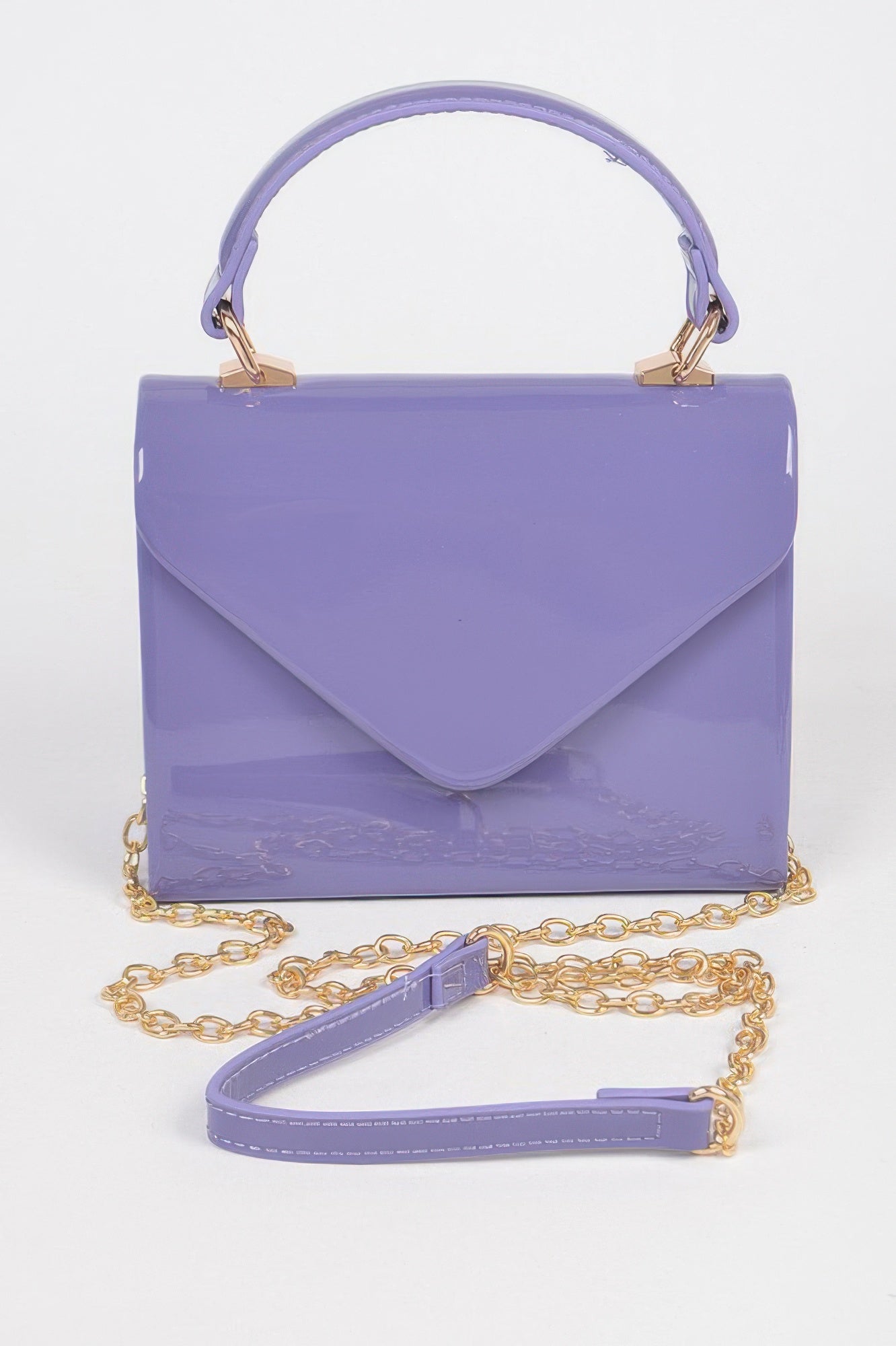 Purple enamel faux leather clutch with top handle, gold chain strap and flap closure