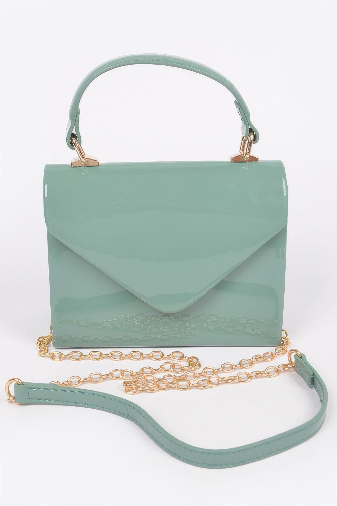 Sage green enamel faux leather clutch with top handle, gold chain and crossbody strap