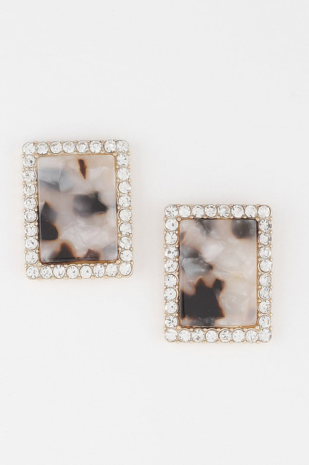 Rhinestone-framed marble square stud earrings, white