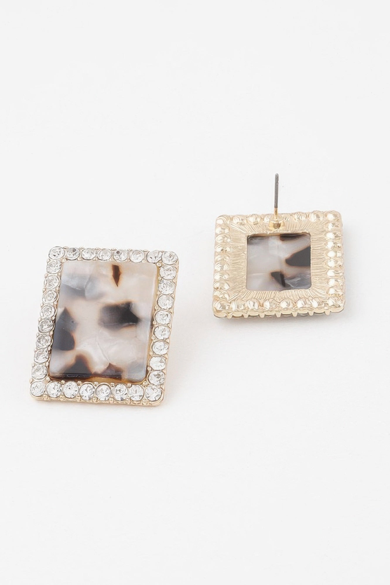 Square marble stud earring with rhinestone border and pin back, white