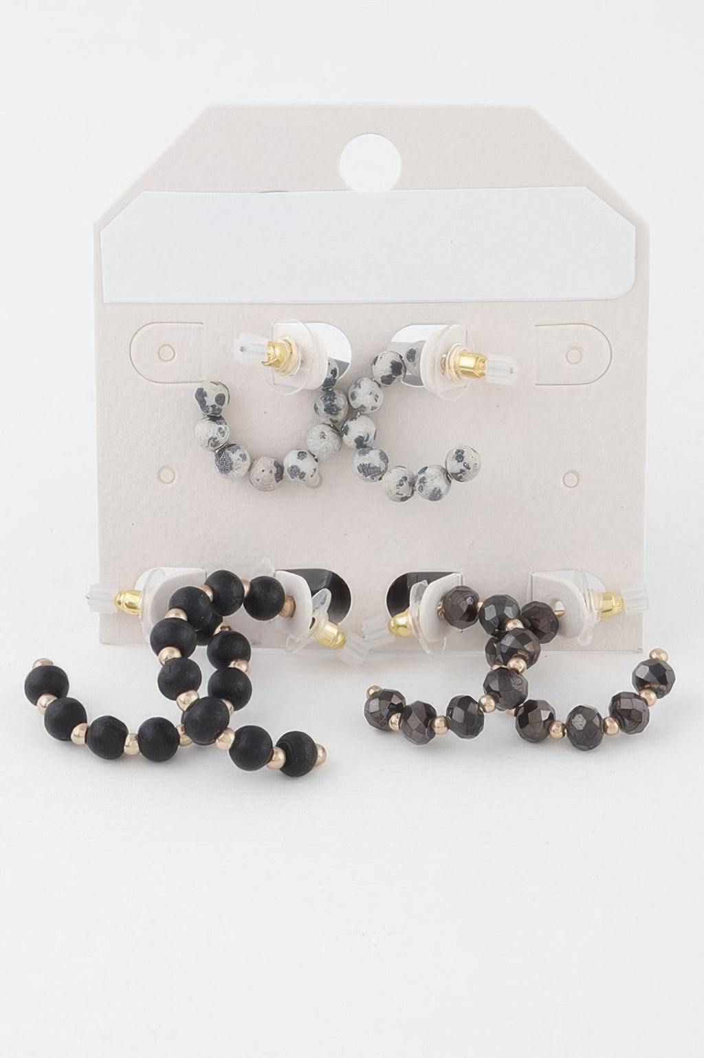 Crystal Bead Hoop Earrings Set in black and dark silver beads with gold-tone posts