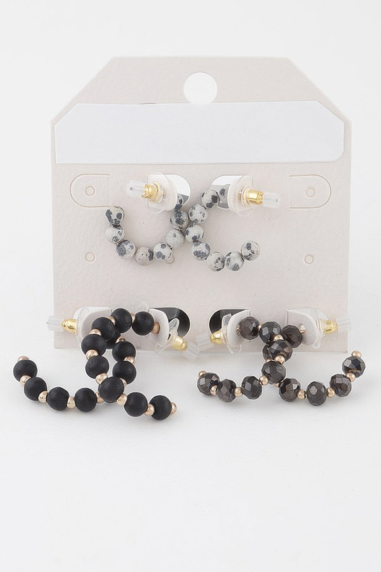 Crystal Bead Hoop Earrings Set in black and dark silver beads with gold-tone posts