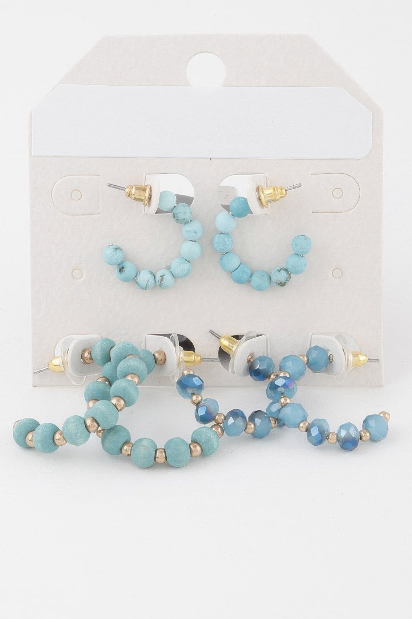 Crystal Bead Hoop Earrings Set in turquoise beads with gold-tone stud backs