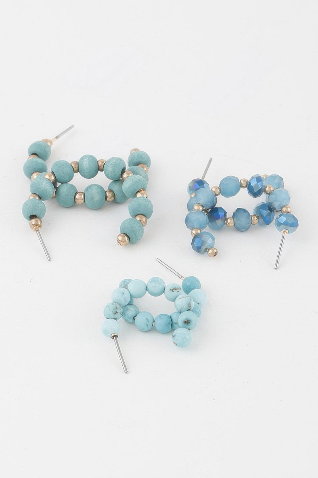 Turquoise crystal bead hoop earrings set with mixed matte and faceted beads