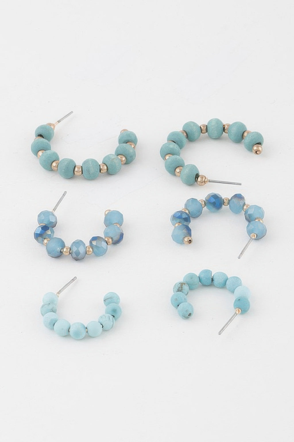 Turquoise crystal bead hoop earrings set, including round beads and blue faceted hoops