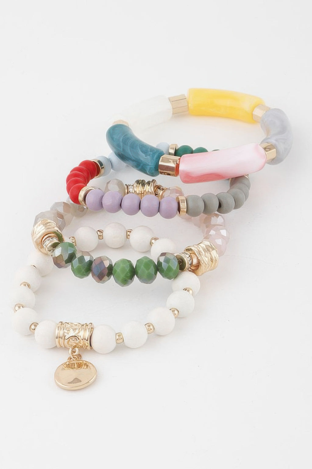 Assorted crystal bead pendant bracelets with pastel striped charms and round coins