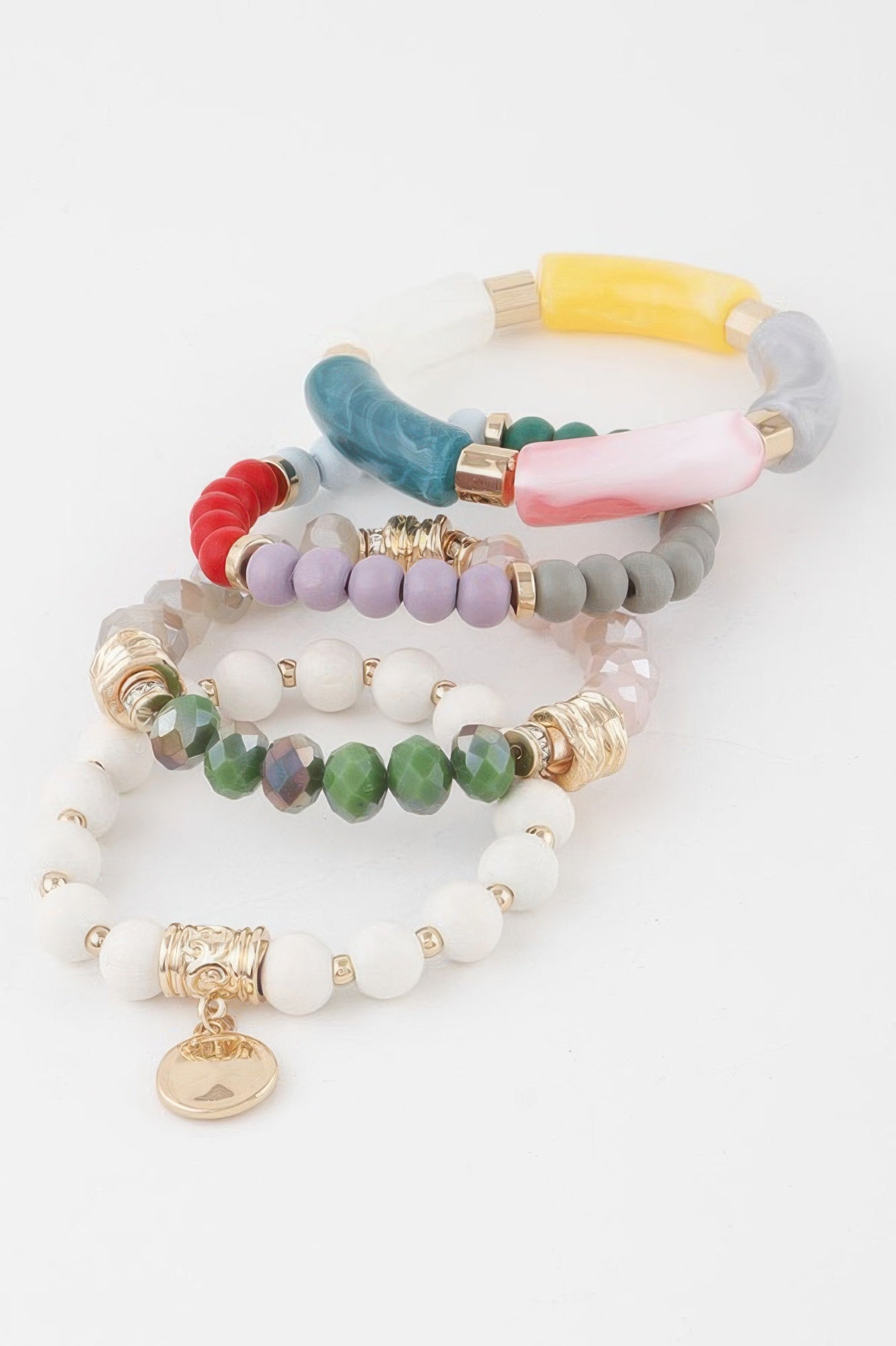 Assorted crystal bead pendant bracelets with pastel striped charms and round coins
