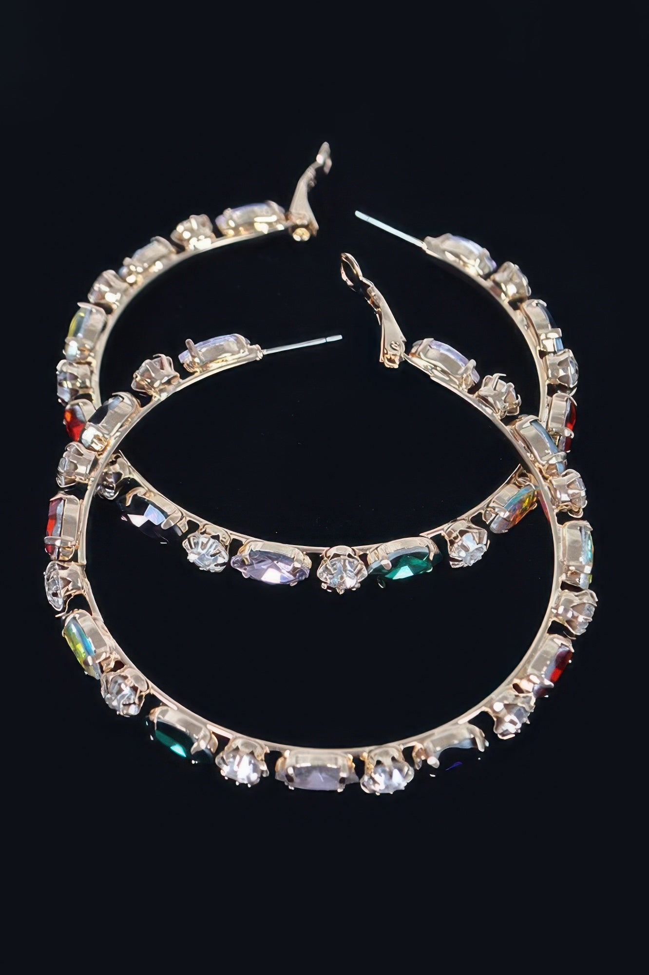 Multicolor rhinestone hoop earrings, curved stones on round hoop with lever back