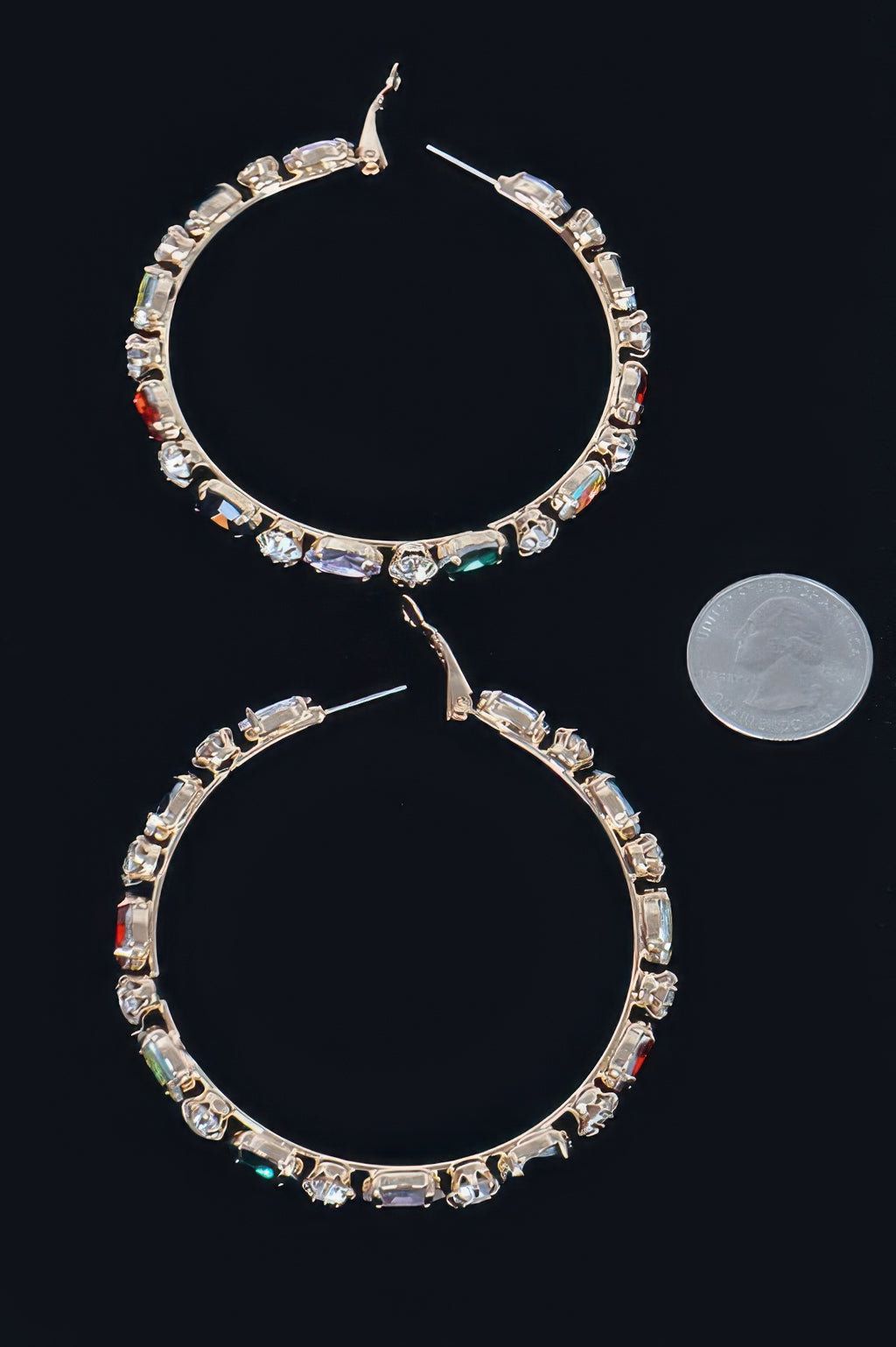 Rhinestone hoop earrings with multicolor stones, round hoop and gold-tone hooks