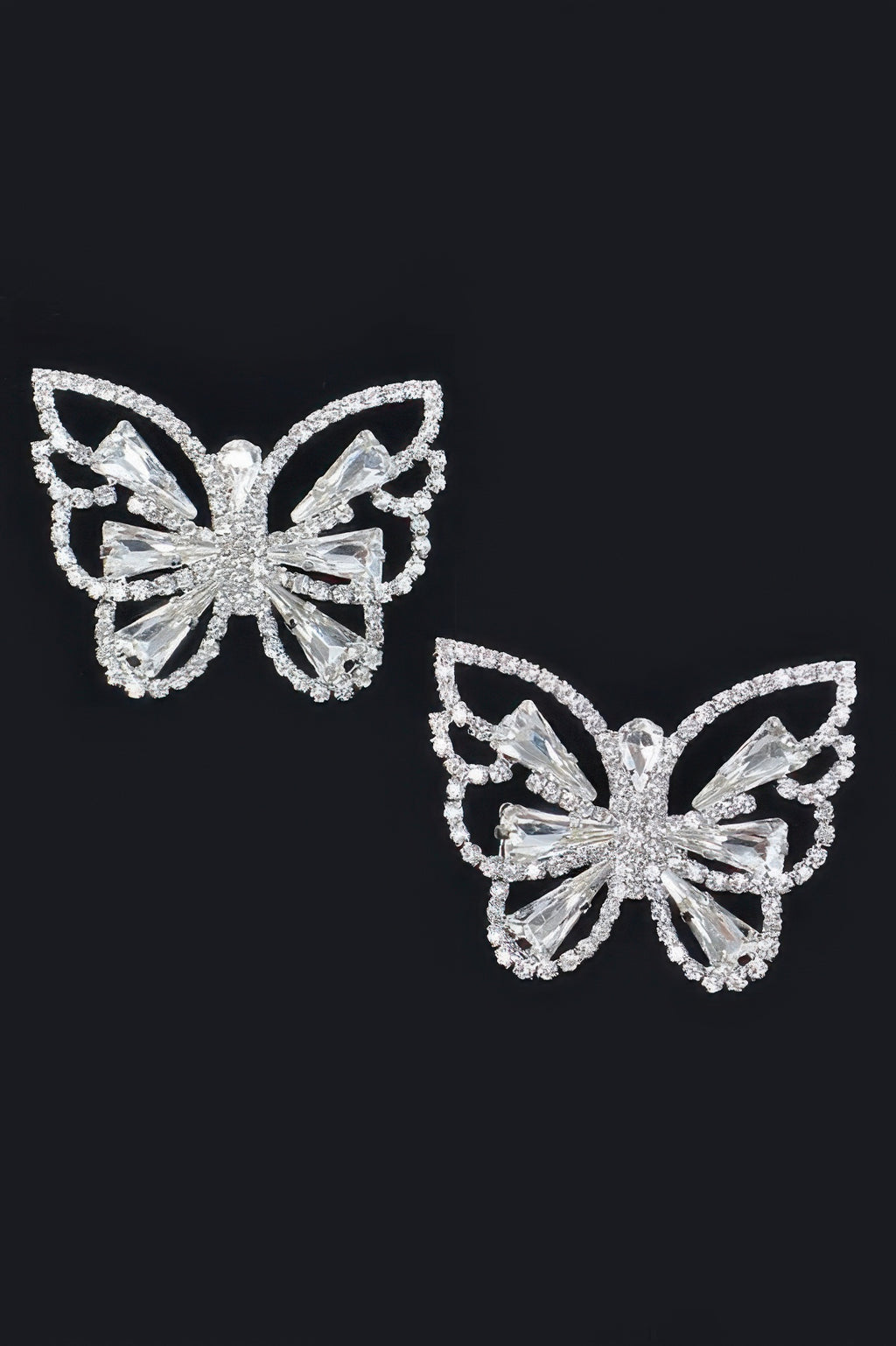 Clear rhinestone butterfly earrings, silver-tone, two butterfly drops with faceted centers