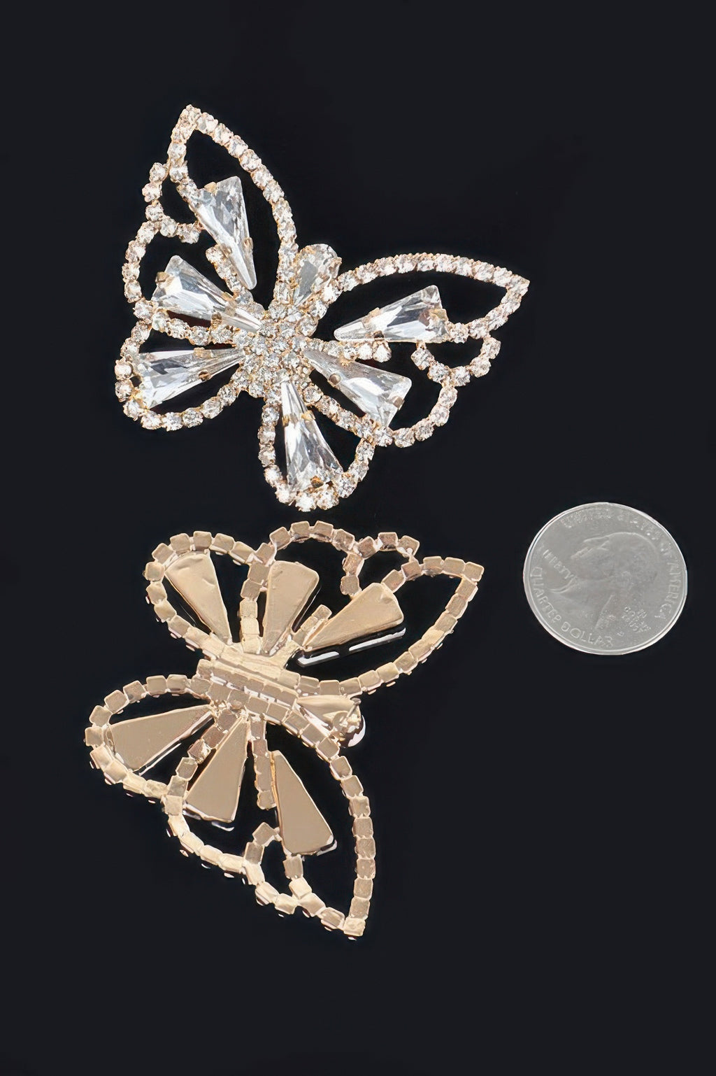 Clear rhinestone butterfly earrings: gold-tone butterfly with teardrop stones, set of two