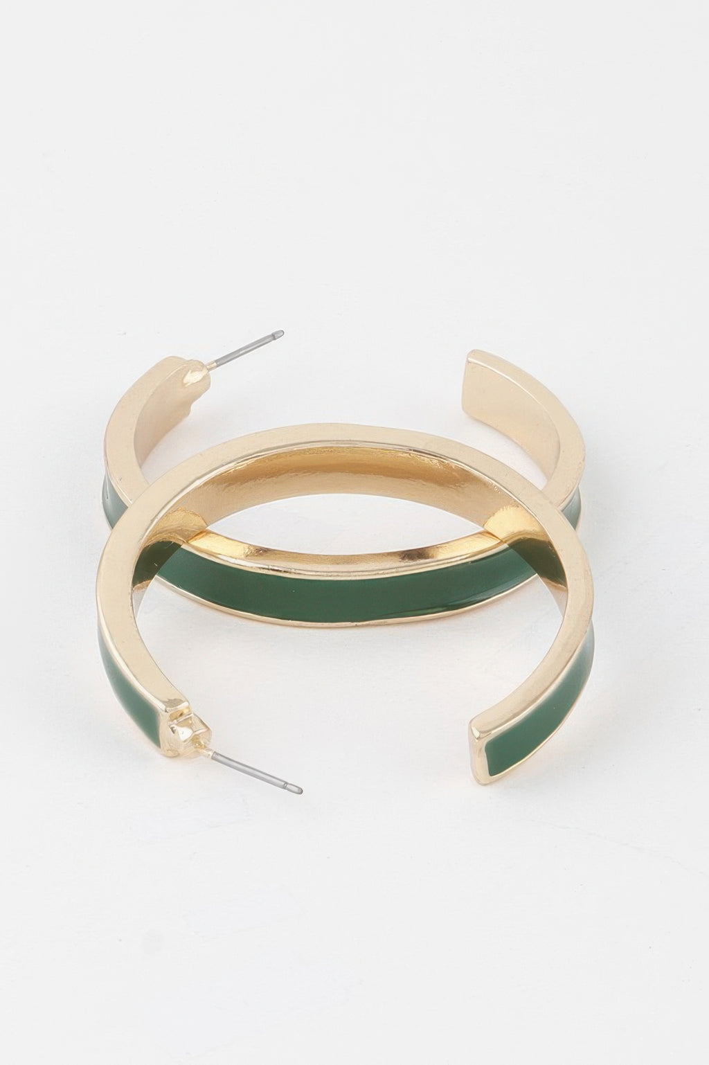 Green enamel-lined gold hoop earrings, open circular shape with posts