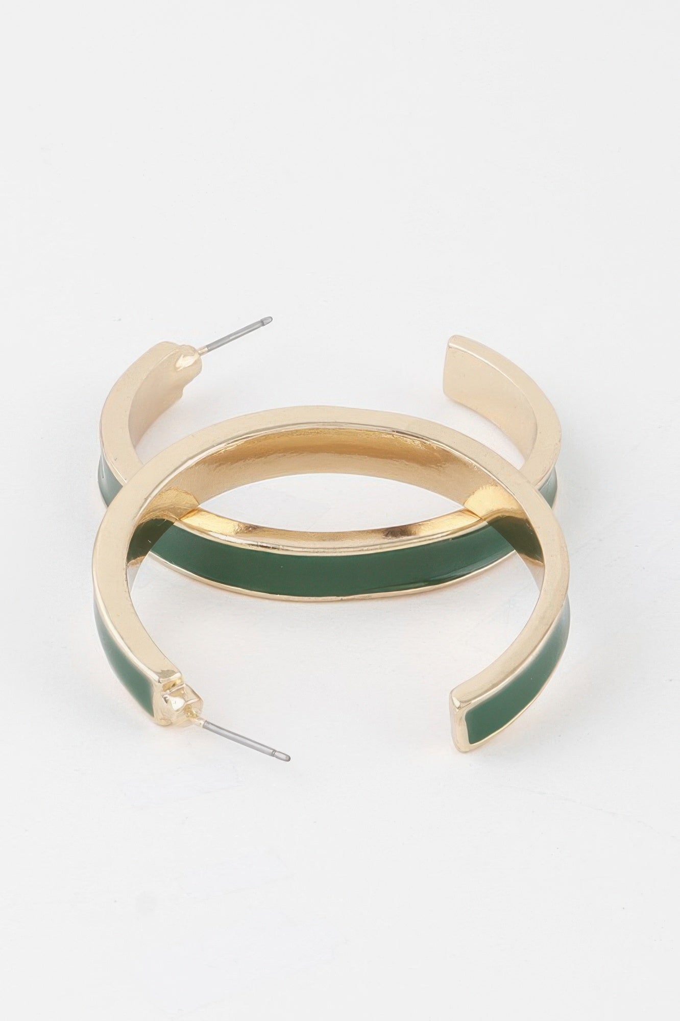 Green enamel-lined gold hoop earrings, open circular shape with posts