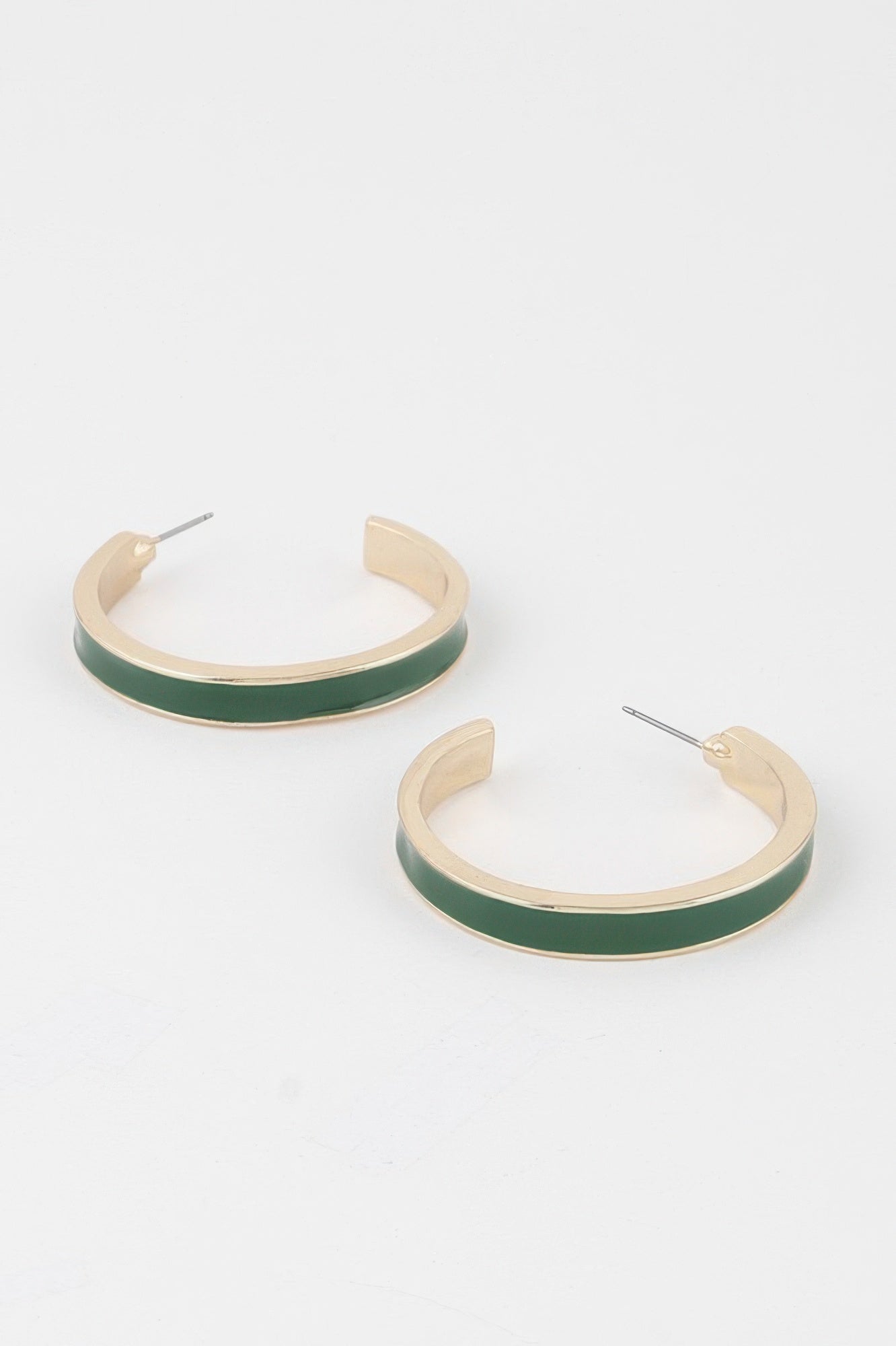 Green inner-lined gold hoop earrings with minimal flat outer edge