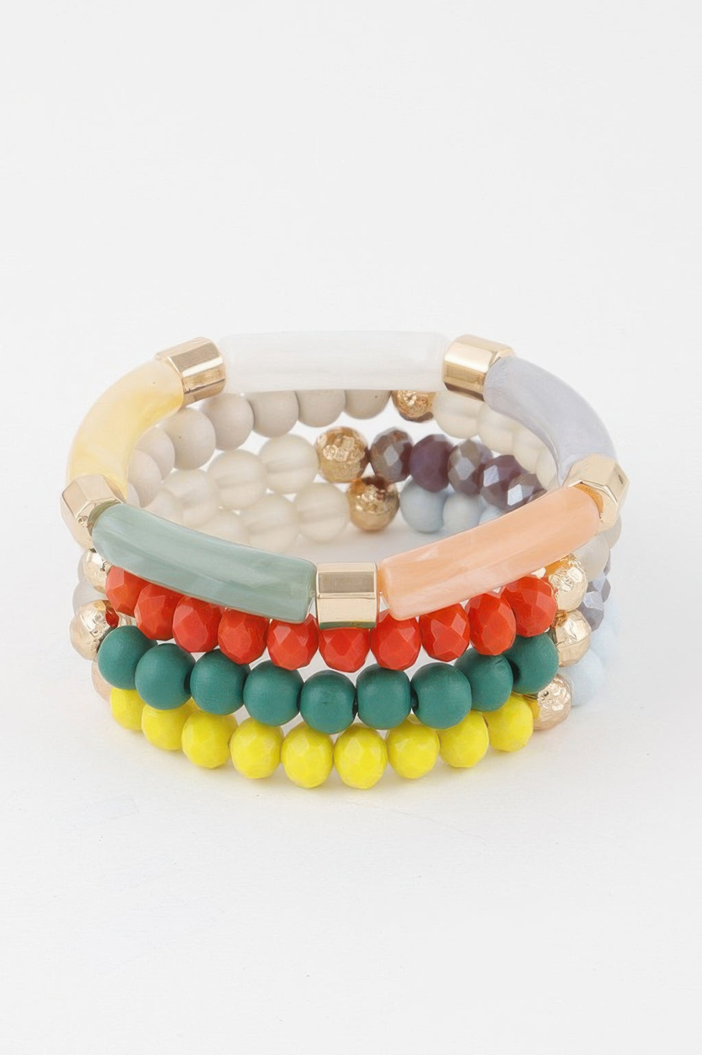 Stacked multicolor beaded tube bracelet with white, teal, red, yellow, and gold accents