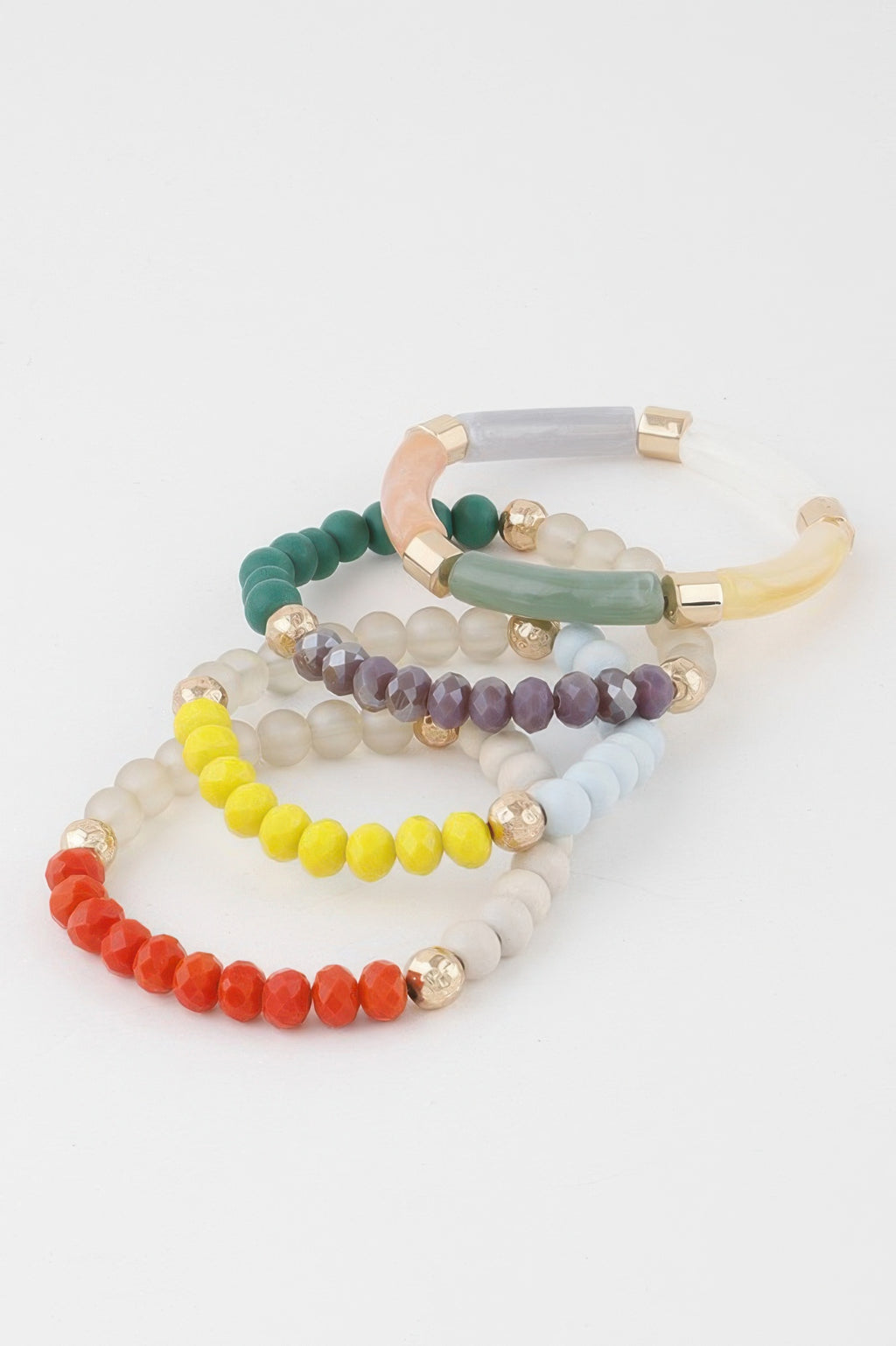 Multicolor beaded tube bracelet set with red, green, yellow, purple, and white beads