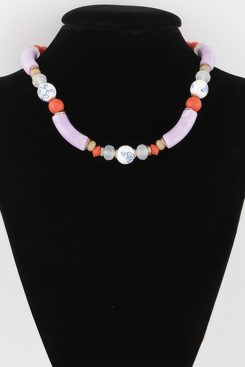 Flower marble bead necklace with lavender, coral, and white round beads