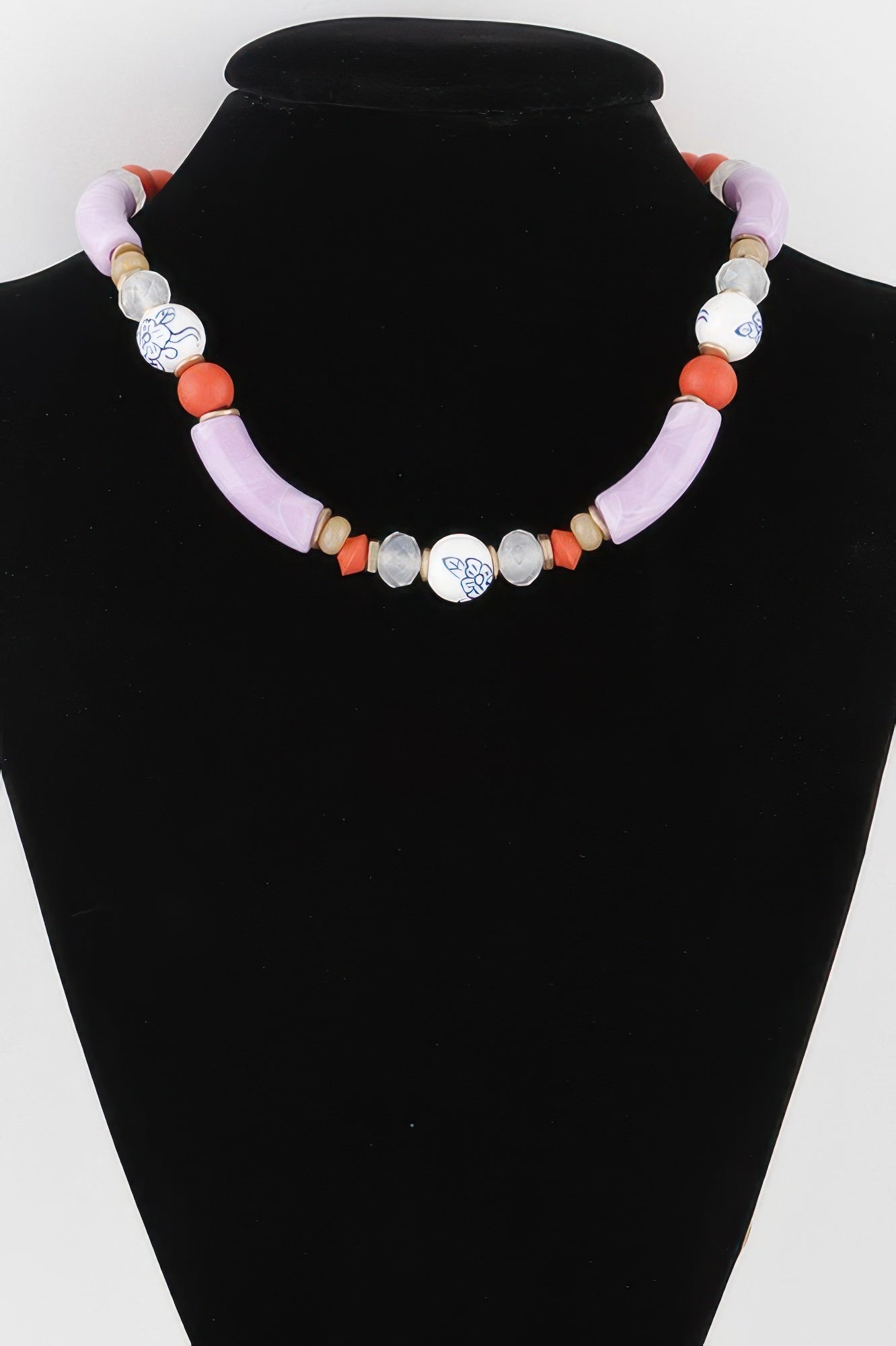 Flower marble bead necklace with lavender, coral, and white round beads