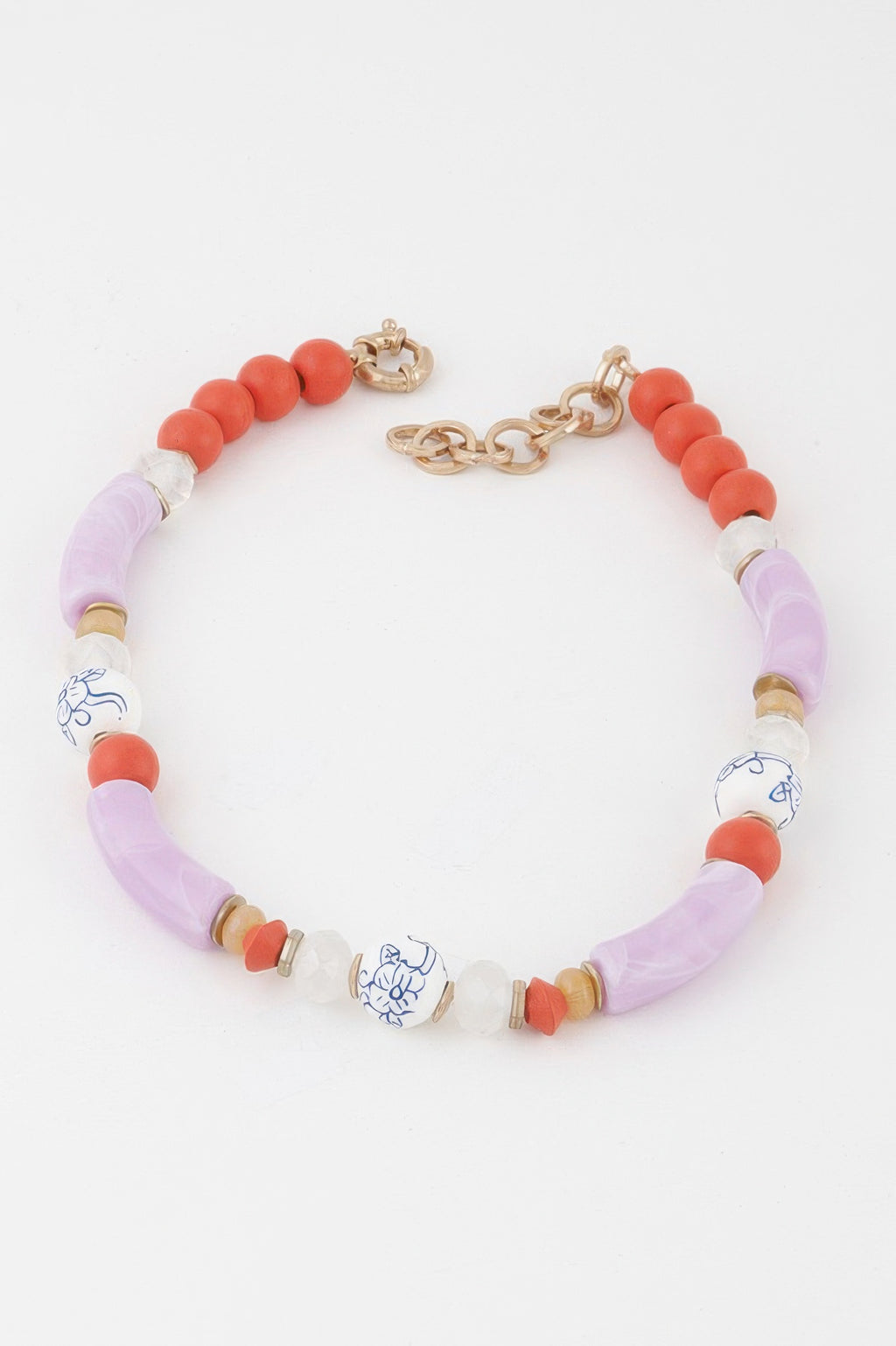Flower marble bead necklace in lavender and light coral beads with gold clasp