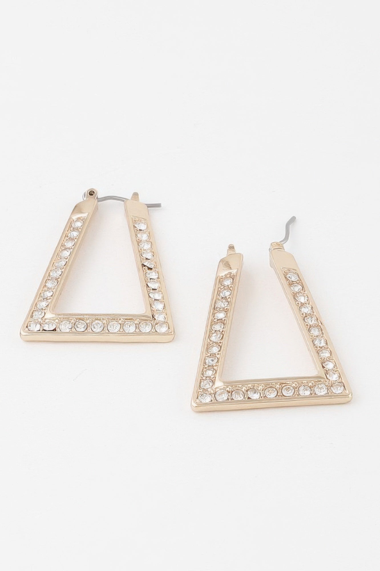 Geometric triangle rhinestone hoop earrings, gold-tone with clear stones