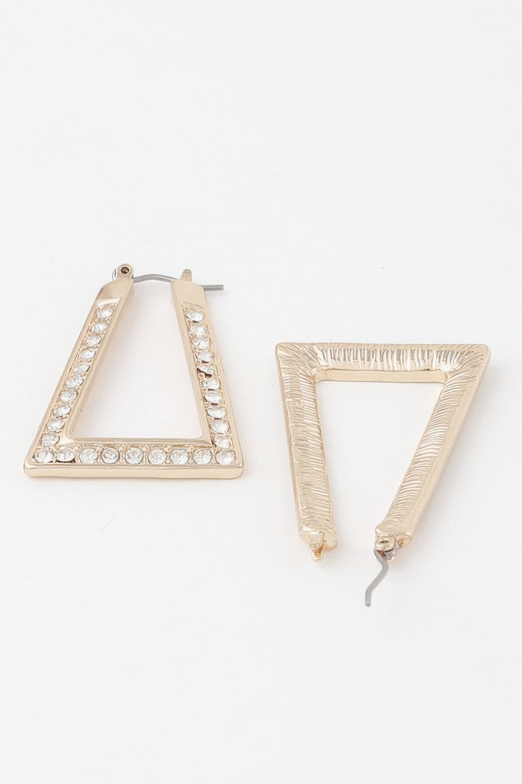 Geometric triangle rhinestone earrings, gold-tone outline with clear crystals
