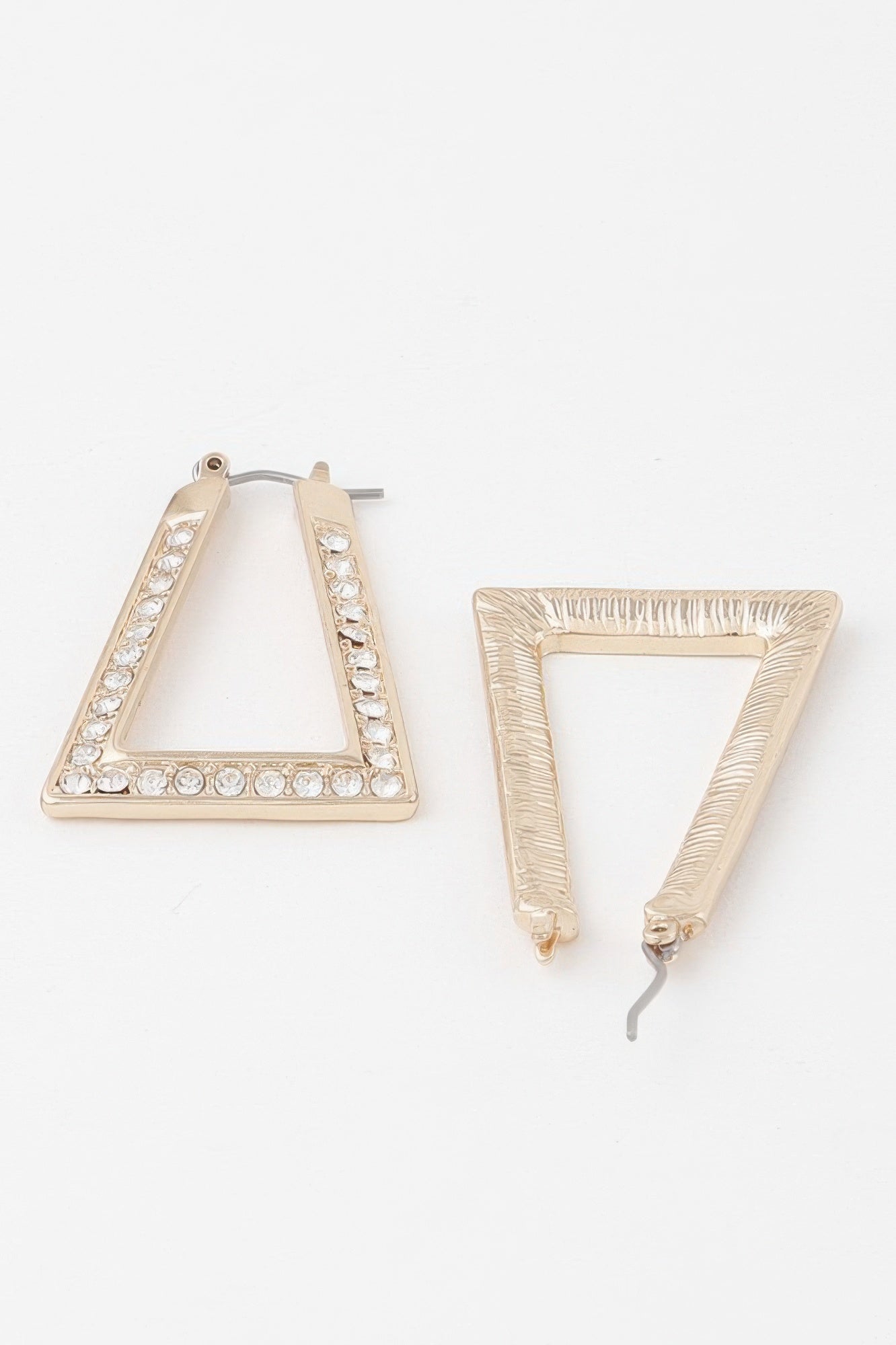Geometric triangle rhinestone earrings, gold-tone outline with clear crystals