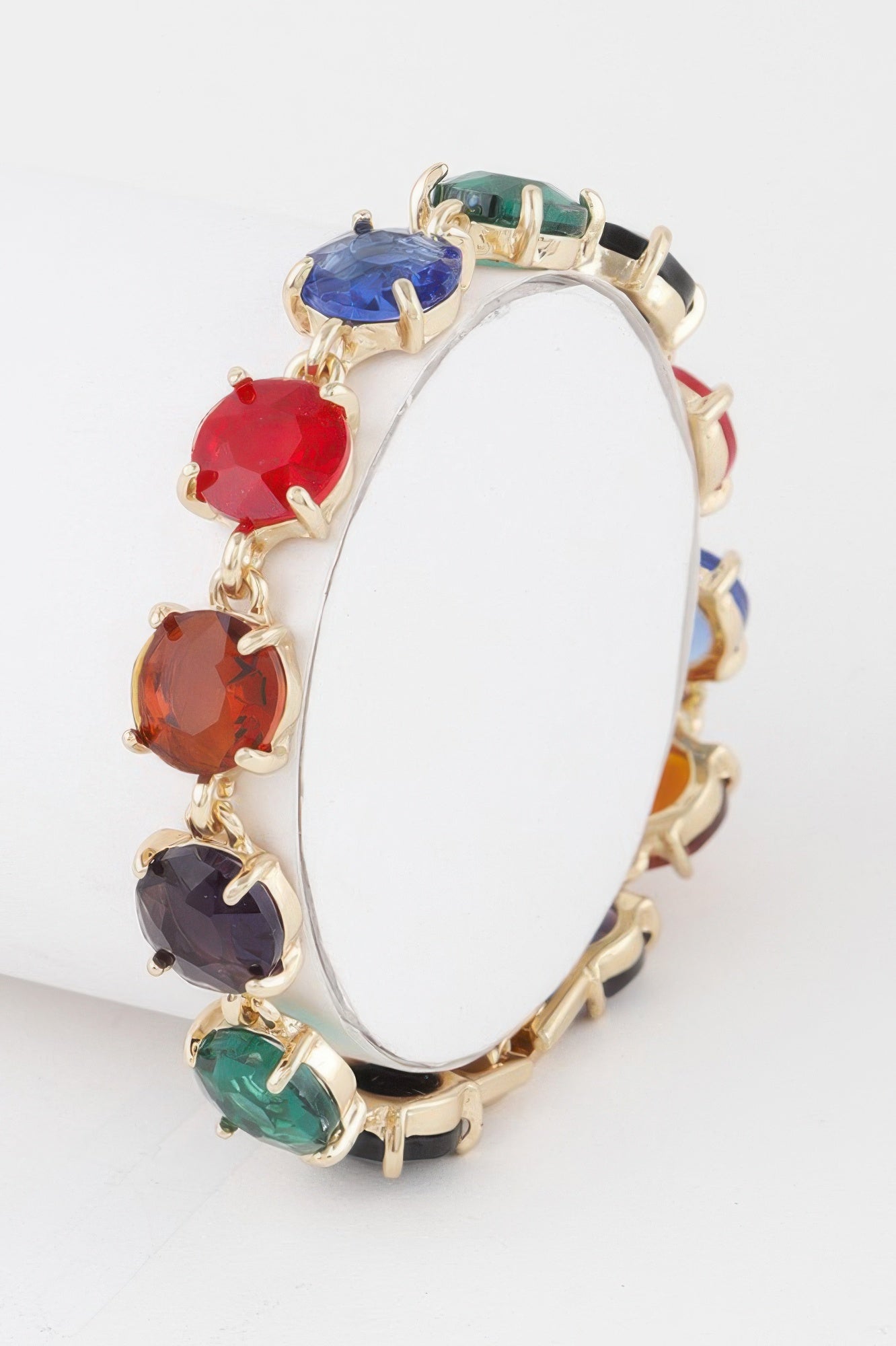 Crystal chain bracelet with multicolor faceted stones and gold-tone prong links